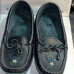Vintage Beaded Moccasins Hide Leather Black Handcrafted